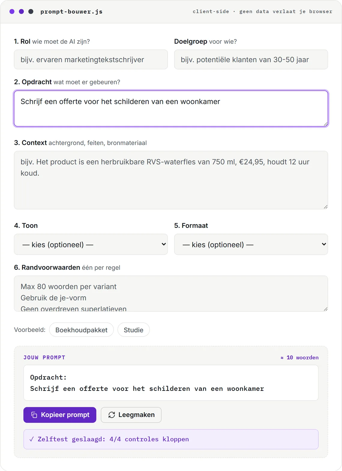 Screenshot van de prompt-bouwer op AIwerkbank: ingevuld formulier met gegenereerde prompt en geslaagde zelftest